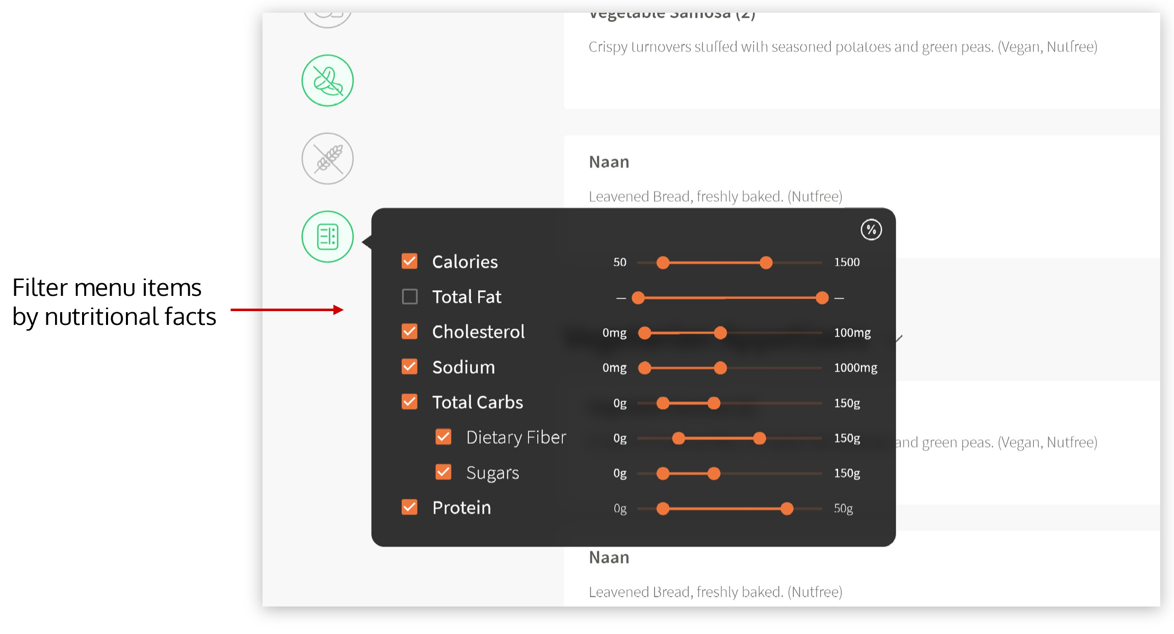 Search nutrition filter