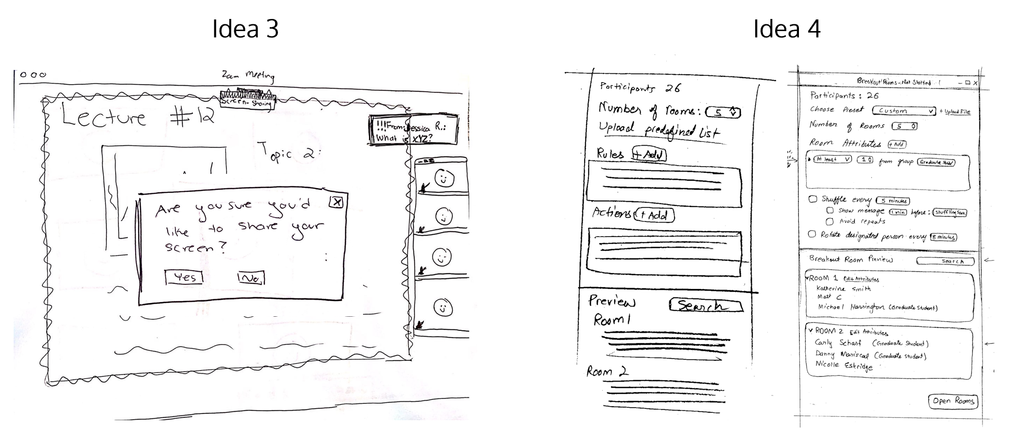 Low fidelity wireframes for ideas 3 and 4